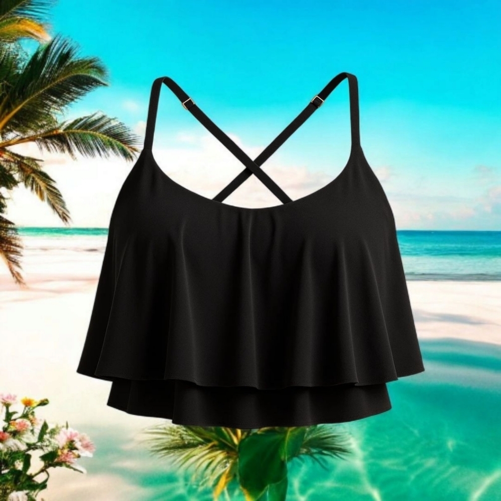 TORRIDS Flirt Collection Plus Size Wireless Black Straight Flounce Bikini Top 4X